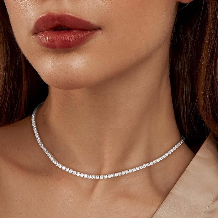 Tennis Necklace for Women, 14K Gold/Silver Plated Rhinestone Choker Necklaces for Women, Dainty Cubic Zirconia Cut Faux Diamond Chain