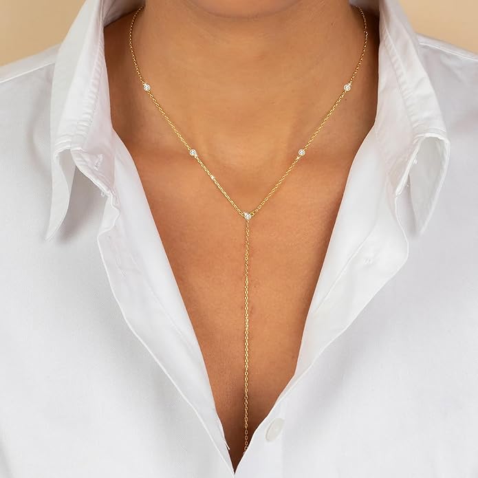 Foxgirl Lariat Gold Necklace for Women, Dainty Long Necklace 14k Gold Plated/Silver Y-Shaped Pendant Necklace Trendy Layered Cz Beaded Chain Drop Necklaces Simple Gold Jewelry For Women Gift