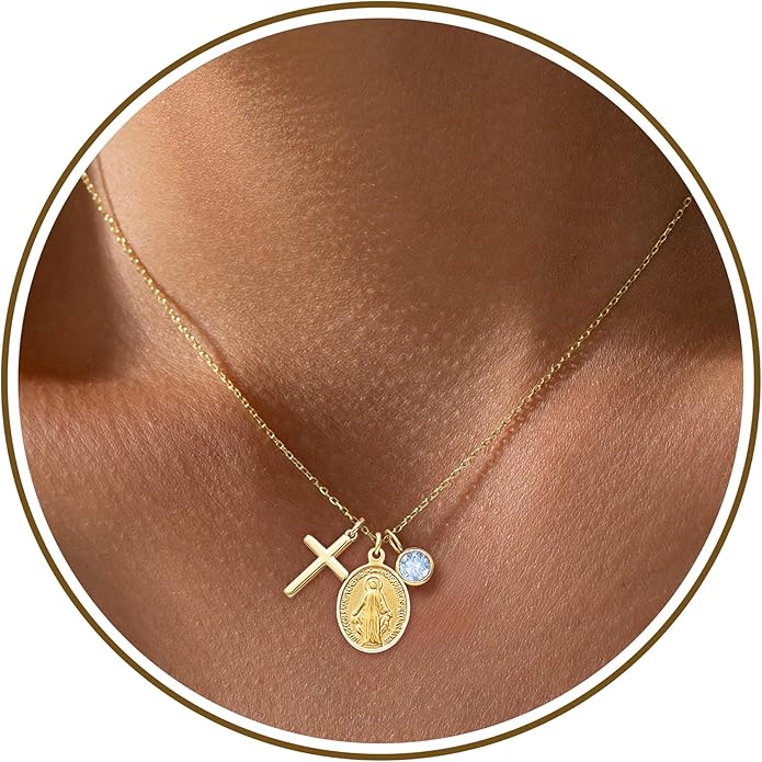 Gold Cross Necklaces for Women, 1-12 Birthstone Necklace Stocking Stuffers for Her Faith Confirmation Gifts for Teen Girls Virgin Mary Necklace Gifts for Christians Birthday Baptism Religious Jewelry