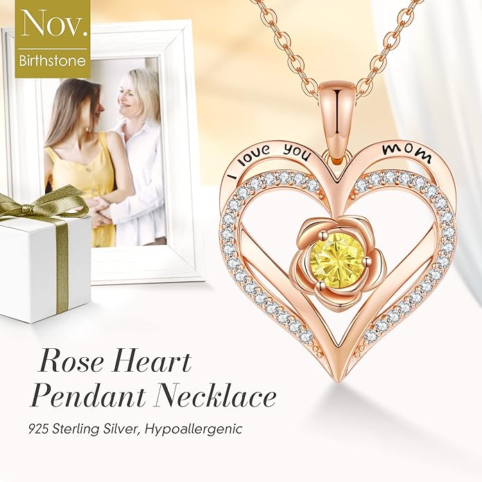 CDE Christmas Gifts for Women S925 Silver Rose Gold Heart Birthstone Necklaces for Women，Ideal Anniversary or Birthday Jewelry Gifts for Wife Girlfriend Her