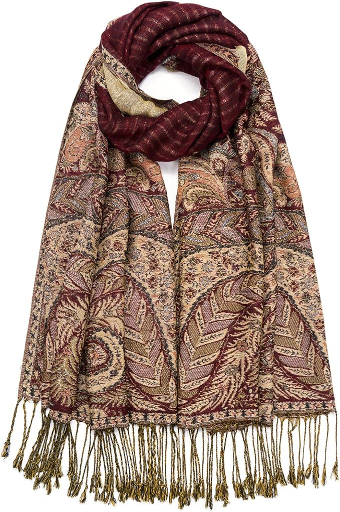 QIUTIMIY Paisley Pashmina Shawl Wrap Women Reversible Vintage Jacquard Pashmina Rave Scarf with Fringe for Evening, Wedding