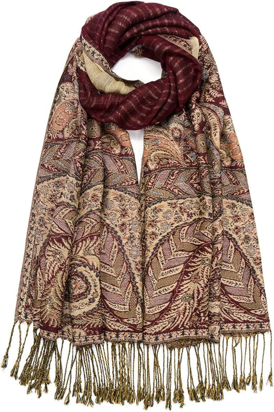 QIUTIMIY Paisley Pashmina Shawl Wrap Women Reversible Vintage Jacquard Pashmina Rave Scarf with Fringe for Evening, Wedding