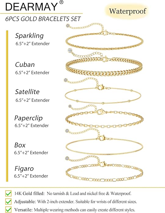 DEARMAY Waterproof Gold Plated Bracelets Set for Women Trendy, Dainty 14K Gold Jewelry Fashion Stackable Tennis Beaded Figaro Herringbone Paperclip Link Bracelet Pack Stack Gifts for Women