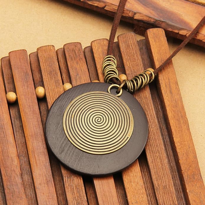 Long Boho Necklaces for Women Vintage Leather Wooden Pendant Y Choker Ethnic Style Gold Circle Hippie Sweater Necklace