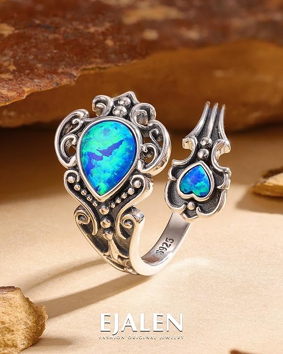 S925-Sterling-Silver Abalone Dragonfly-Turquoise Spoon Ring - Vintage Boho Sunflower Thumb Oxidized Wrap Rings Victorian Style Antique Floral Jewelry Gifts for Women