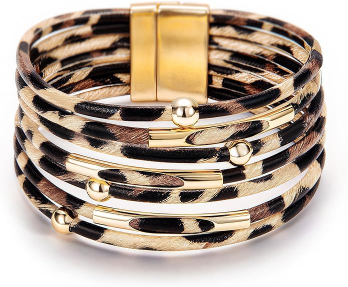 Fesciory Leopard Bracelet for Women, Boho Leather Wrap Multi-Layer Pearl Crystal Bracelet Bangle Jewelry