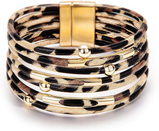 Fesciory Leopard Bracelet for Women, Boho Leather Wrap Multi-Layer Pearl Crystal Bracelet Bangle Jewelry