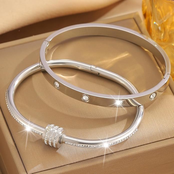 Silver Bangles for Women - Stainless Steel Love & Friendship Bracelet Set with Gift Box | Daily Wear & Party Jewelry