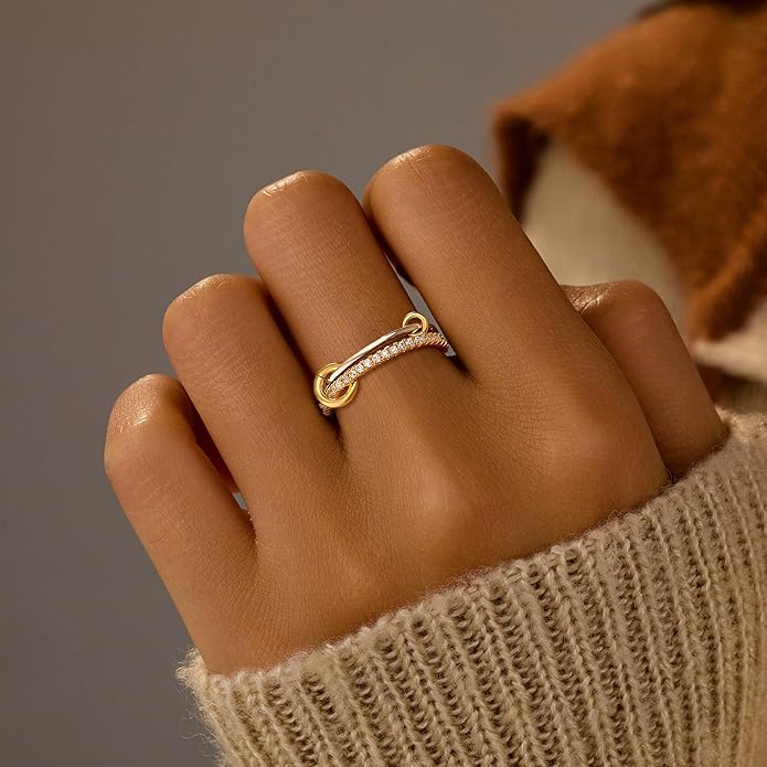 SUYACS 14K Gold Plated Interlocked Stackable Rings for Women Non Tarnish 925 Sterling Silver Mixed Metals Multi Statement Stack Ring Two Tone Connected Bands CZ Thumb Ring Jewelry Gifts