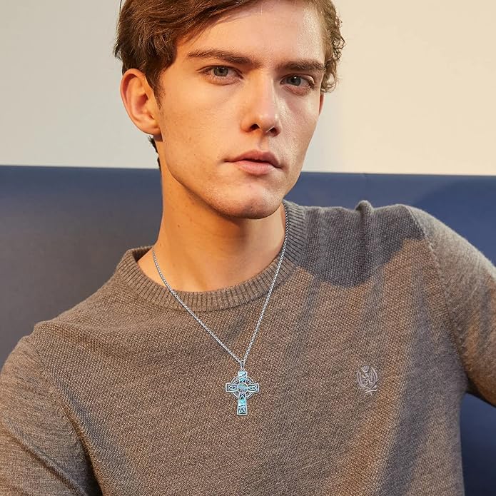 Midir&Etain Celtic Cross Necklace 925 Sterling Silver Cross Pendant Necklace Celtic Viking Irish Jewelry Religious Protective Gift for Men Women