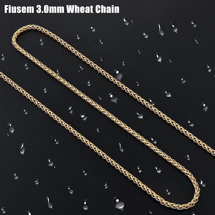Fiusem Wheat Chains for Men and Women, 2/2.5/3/4/5mm Silver Tone/14K Gold Plated/Black Necklace Chain, Stainless Steel Mens Necklace 16-28 Inch