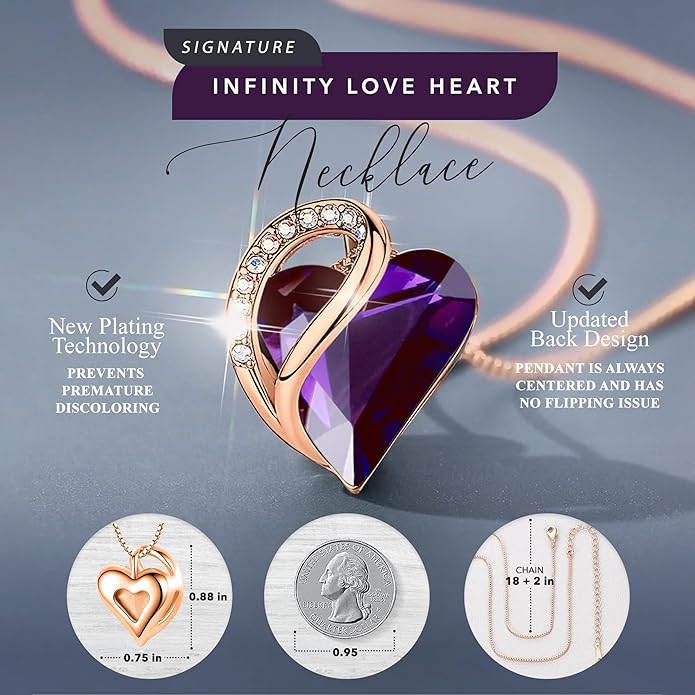 Leafael Rose Gold Plated Necklace for Women: Heart Shaped Birthstone/Healing Crystals Center, Dazzling Cubic Zirconia, Hypoallergenic Chain (18"+2"), Jewelry Gifts for Anniversaries and Birthdays