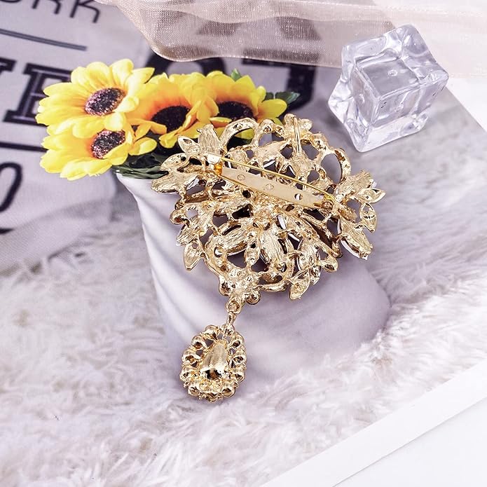 LAXPICOL Wedding Bridal Big Brown Crystal Rhinestone Bouquet Brooch Pin for Women Golden Tone