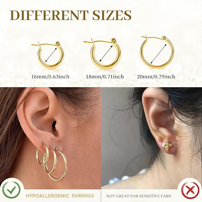 Gold Hoop Earrings Set for Women,14k Gold Plated Gold Hoops with Sterling Silver Post Hypoallergenic Thin Hoop Gold Earrings for Girls Trendy Jewelry Gifts