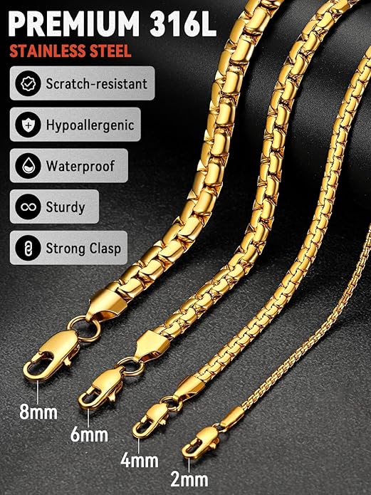 FaithHeart Mens Black/Silver/Gold Stainless Steel Flat Box Link Chain Necklace, Stylish 2/4/6/8mm Width Box Chains Necklaces for Men Non Tarnish Hip Hop Chain Jewelry Gifts,14"-30" Length