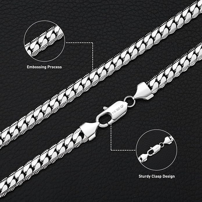 DFUNH 7MM Cuban Link Chain for Men Silver Chains, Silver Mens Chain Necklace,316L Stainless Steel and 14K White Gold /14K Gold Filled, Gold/Silver Chain for Men Necklace
