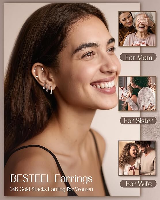 Hypoallergenic 14K Gold Plated Hoop Stud Earrings for Women Surgical Stainless Steel Flat Back Earrings Lightweight Small Chunky Huggie Hoops Cartilage Earring Stacks for Multiple Piercing Women Gifts