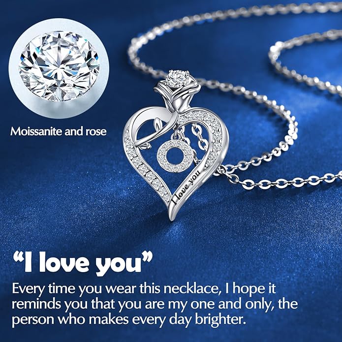 DWWGE Rose Heart Pendant Necklace Gifts for Wife, Engraved 'I love you' Gift for Wife Girlfriend, Anniversary Birthday Eternity Jewelry Present for Women, Moissanite Necklace Gift for Her