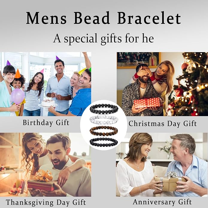 RANKEEF Mens Bead Bracelet Set - Adjustable Elastic Rope With 6&8MM Natural Stone Multi-Colored Beads - Tiger Eye Bracelets for Men - Gift