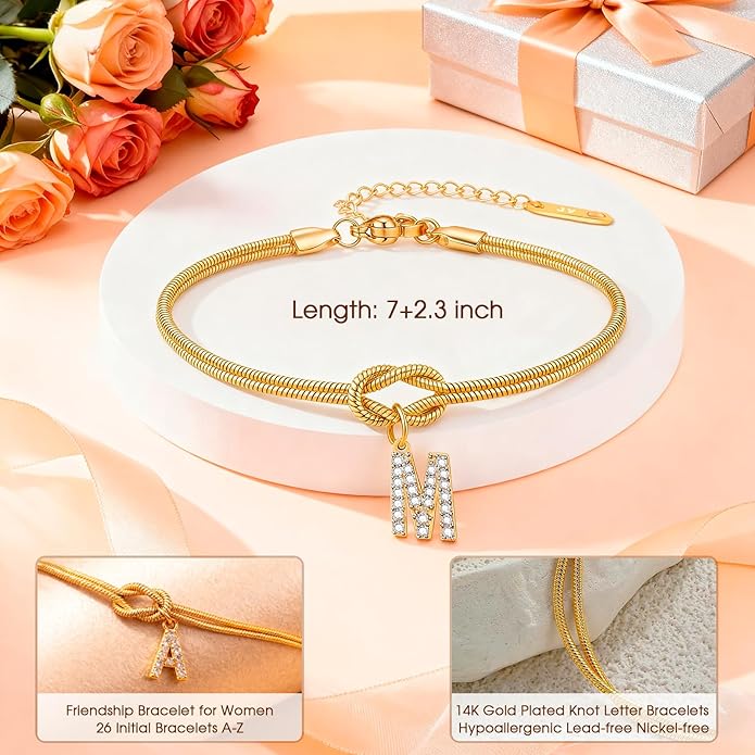 Friendship Bracelet for Women Gold Initial Bracelets 14K Gold Plated Knot Letter A-Z Initial Bracelet for Women Dainty Forever Layered Chain Bracelets Jewelry Birthday Gift for Best Friend