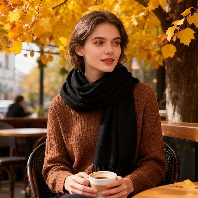 WASALUYA Wool Scarf for Women & Men, 100% Wool Scarves Wrap Shawl with Tassels, Elegant Soft Winter Scarf for Fall and Winter