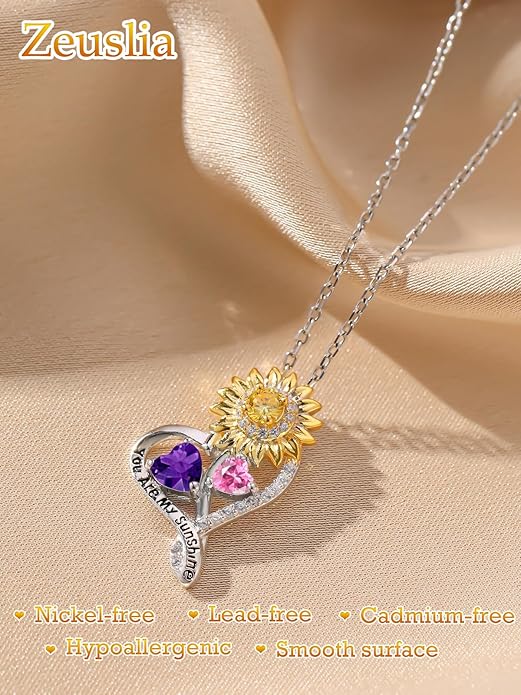 Zeuslia Double Birthstone Necklace Gifts for Wife - 925 Sterling Silver Sunflower/Rose/Crown Cross/Compass/Heart Pendant I Love You Necklace, Anniversary Birthday Gifts for Wife Girlfriend Mom Her