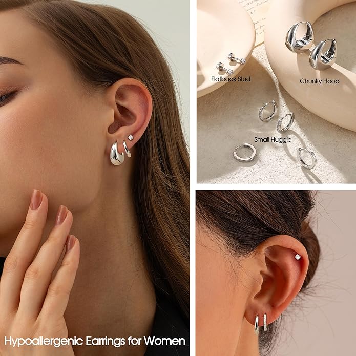 BESTEEL Small Hoop Earrings for Women - Hypoallergenic 14K Gold Plated Surgical Steel Chunky Huggie Earings Stacks Set Dainty Cute Cartilage Flat Back Stud Jewelry Trendy Gift 4 Pairs