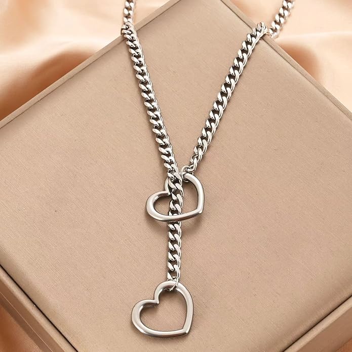 Heart Y-Necklace for Women Stainless Steel Heart Slip Chain Necklaces Adjustable Punk Gothic Cuban Collar Choker Fashionable Holiday Birthday Jewelry Gifts