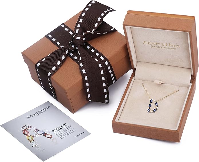 Albert Hern Blue Sapphire Initial Necklace With Diamonds & 18K Gold Chain | Irresistible Letter Pendants Jewelry | Perfect Valentine’s Day, Anniversary & Birthday Gift