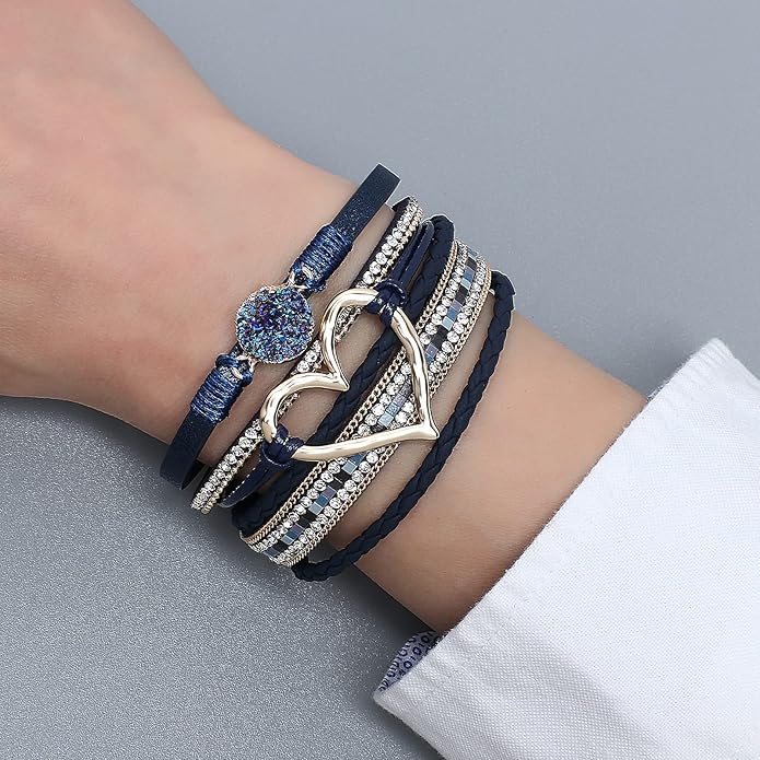 Leather Wrap Bracelet for Women Beaded Cuff Bracelet with Heart-shape Decor Bohemian Crystal Bracelet Jewelry with Clasp Bangle Bracelet for Women Girls Birthday Holiday Gift