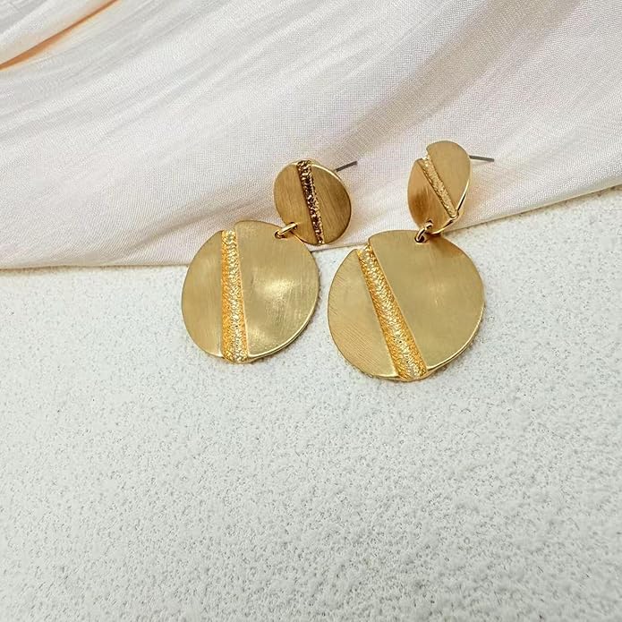 Stud Earrings for Women 14k Gold Plated Geometric Dangle Earrings Lightweight Minimalist Handmade Hammered Texture Oval Disc Drop Double-layer Big Hoop Dangle Earrings for Women
