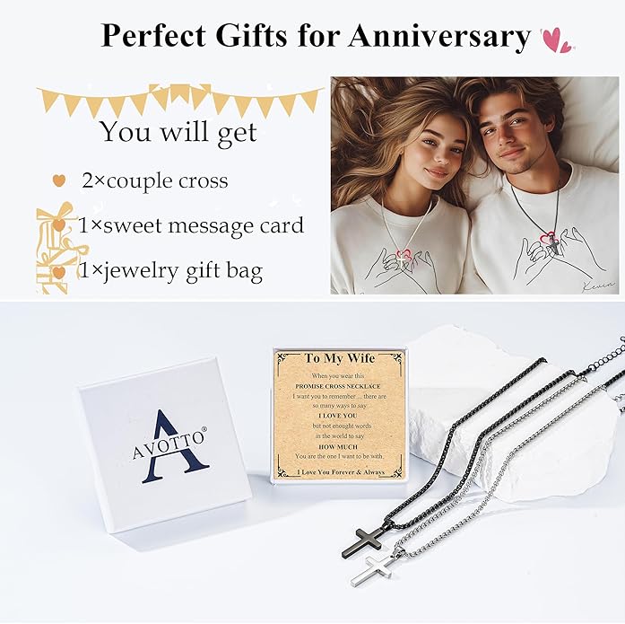 Valentines Day Matching Couple Stuff Cross Necklaces Idea Gifts for Men Women, Anniversary Birthday Engagement Gifts for Couple Boyfriend Girlfriend Husband Wife Love You Forever Cross Necklaces