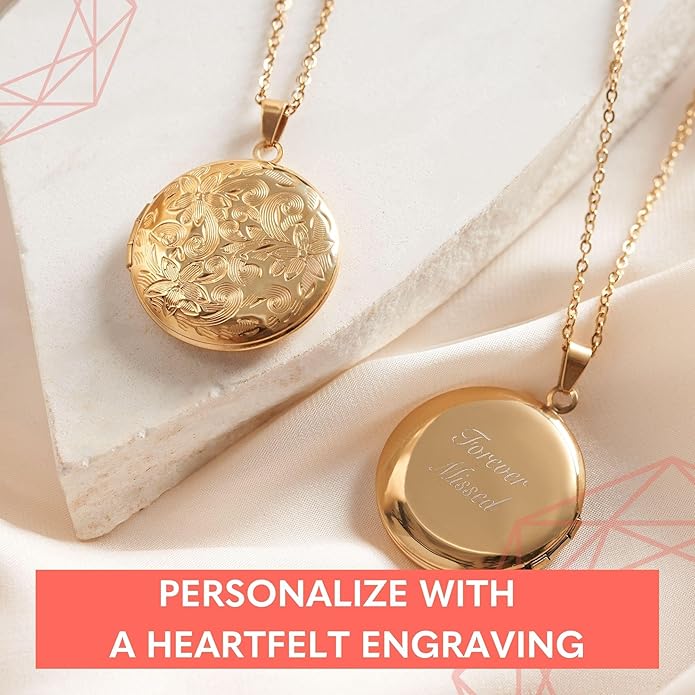 Locket Necklace for Women Girls, 18” Jewelry Chain, Picture Photo Inside, Cadenas para mujer, Personalized Custom Name Gold Locket, Customized Couples Locket, Silver, Rose Gold, Gold
