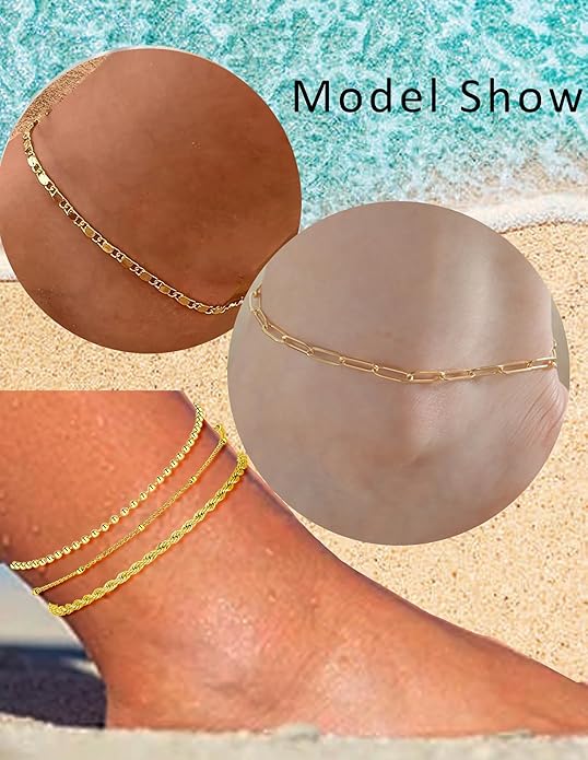 6PCS 18k Gold Plated Stainless Steel Ankle Bracelets for Women Waterproof Layered Herringbone Figaro Bead Paperclip Rope Tennis Box Cuban Link Rolo Satellite Chain Anklets Set Gold Tone