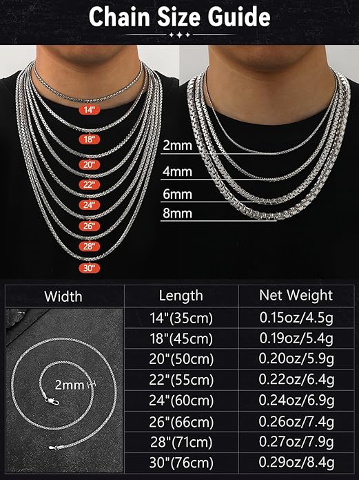 FaithHeart Mens Black/Silver/Gold Stainless Steel Flat Box Link Chain Necklace, Stylish 2/4/6/8mm Width Box Chains Necklaces for Men Non Tarnish Hip Hop Chain Jewelry Gifts,14"-30" Length