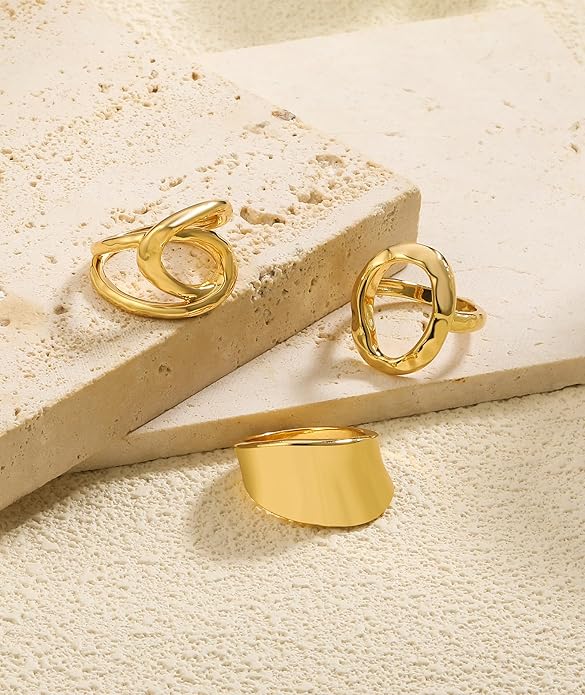 ZOERAY Chunky Gold Rings for Women Non Tarnish Trendy 14k Gold Plated Adjustable Signet Band Stackable Thumb Ring Set Open Twist Dome Statement Stacking Rings Jewelry Gifts for Women Size 5-10