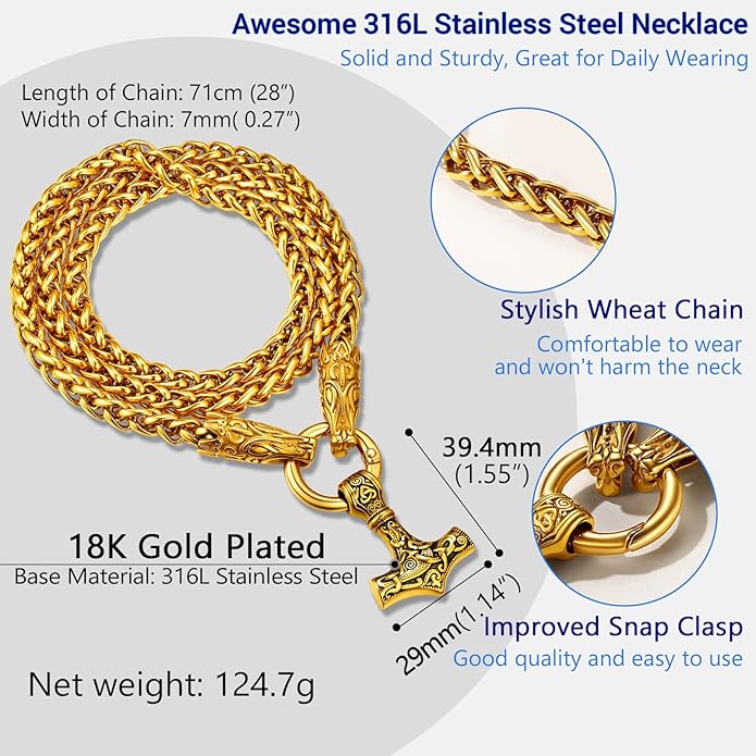 PROSTEEL Norse Viking Jewelry for Men Women, Vintage Thor Hammer/Thor Axe/Raven/Odin Necklace, 316L Stainless Steel Pendant Chain, Come with Box