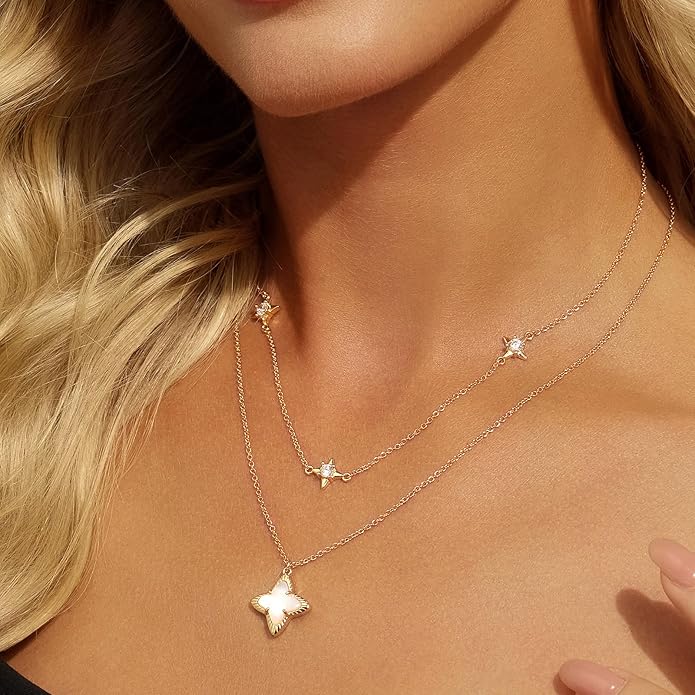 Cicy Bell Womens Four Point Star Necklace Sets Double Layer Chain 18k Gold Plated Cubic Zirconia Mother of Pearl Lucky Pendant Necklace