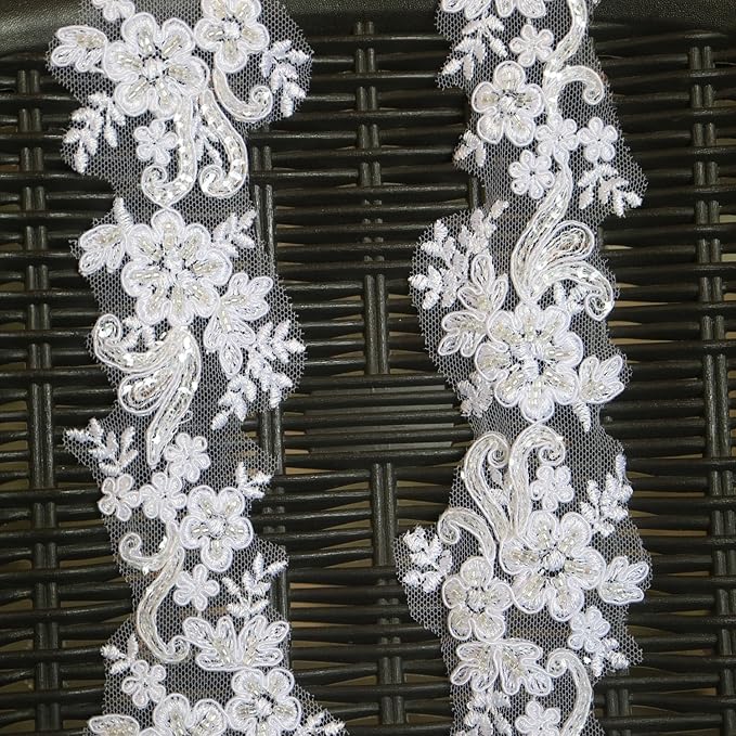 G-RUI 6cm*2yards Pure White Luxury Beaded Embroidery Flower lace Appliques for Wedding Dresses Rhinestone Applique Patches Embroidery lace parches ropa (Pure White Color)…