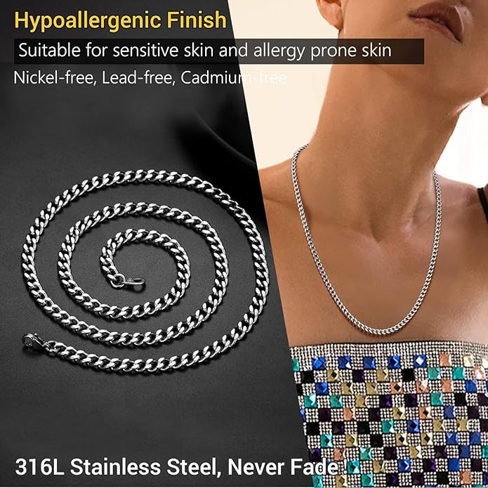 PROSTEEL 316L Stainless Steel Figaro Cuban Chain Necklace for Men, Black/18K Real Gold Plated, 4/5/6/7.5/9/10/13mm, 14inch-30inch, Come with Box