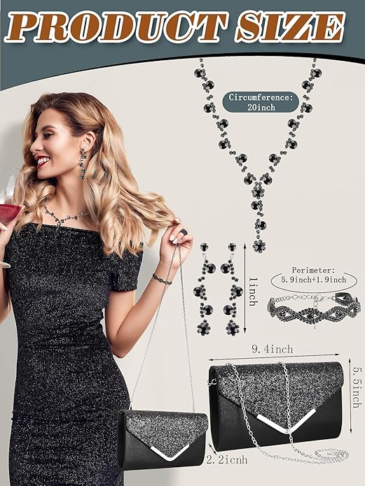 Henoyso 5 Pcs Purse Rhinestone Jewelry Set Prom Jewelry Rhinestone Clutch Purse Necklace Earrings Bracelets for Women Bride