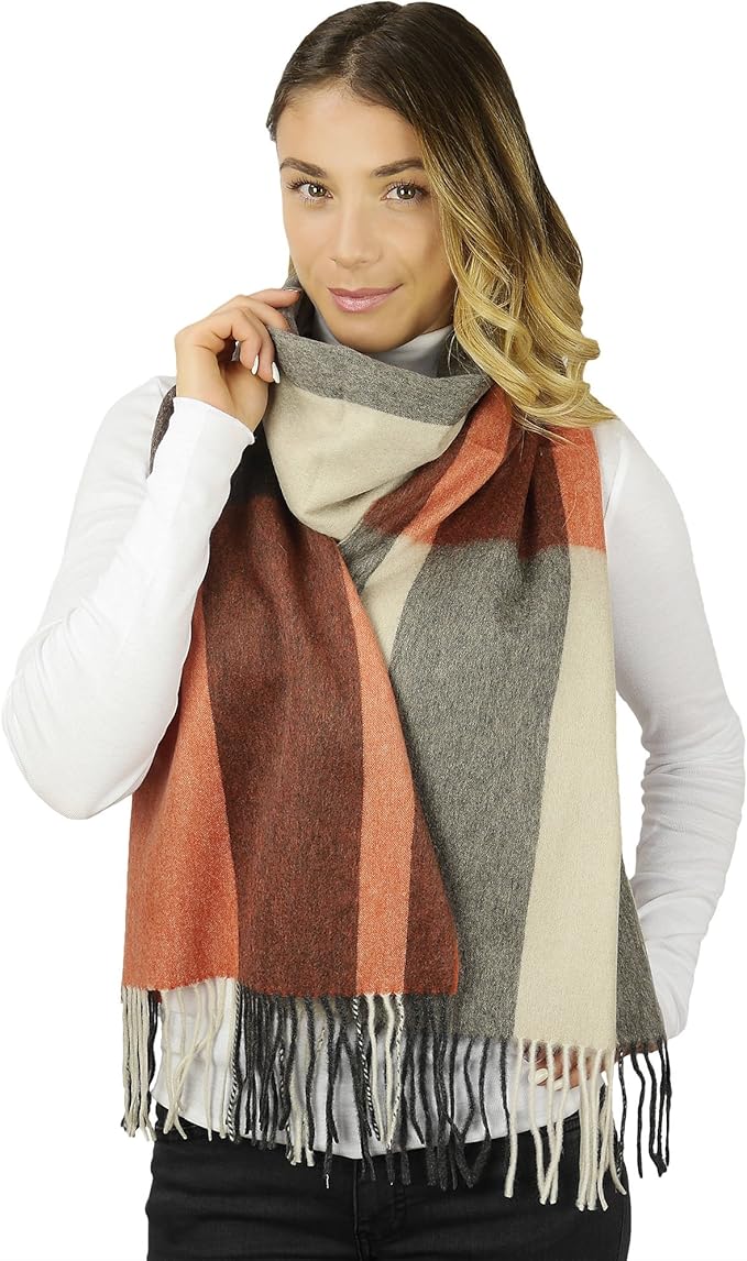CANDOR AND CLASS Women's 100% Pure Cashmere Scarf, Solids, Plaids, Soft Cashmere Scarfs for Women and Men, Gift Box (Rust Black Vert)