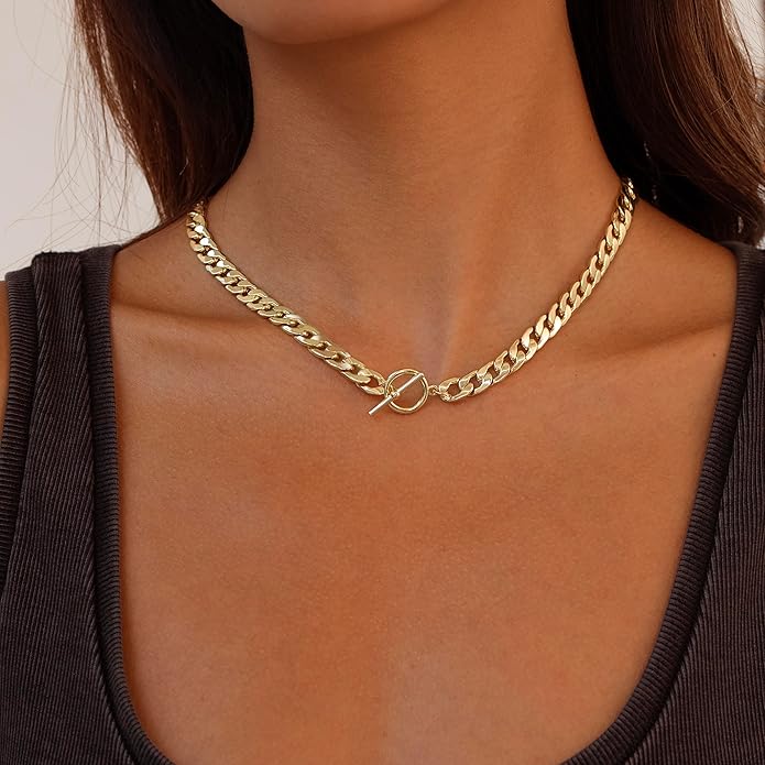 Moodear Layered Necklace for Women Trendy Chunky 14K Gold Plated/Sliver Plated Chain Necklace Cuban Link Paperclip Chain Toggle Clasp Necklace Fashion Jewelry