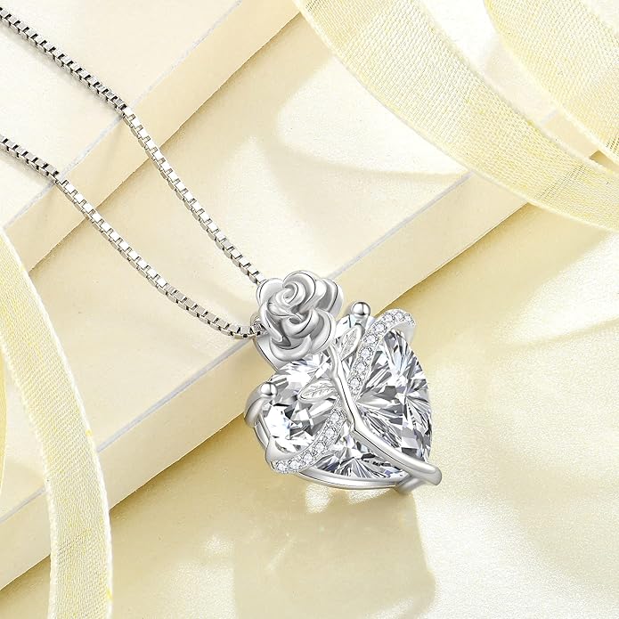 Birthstone Necklace for Women 925 Sterling Silver Love Heart Rose Flower Necklace Dainty Jewelry Gifts for Women Wife Girlfriend Mother Daughter Her