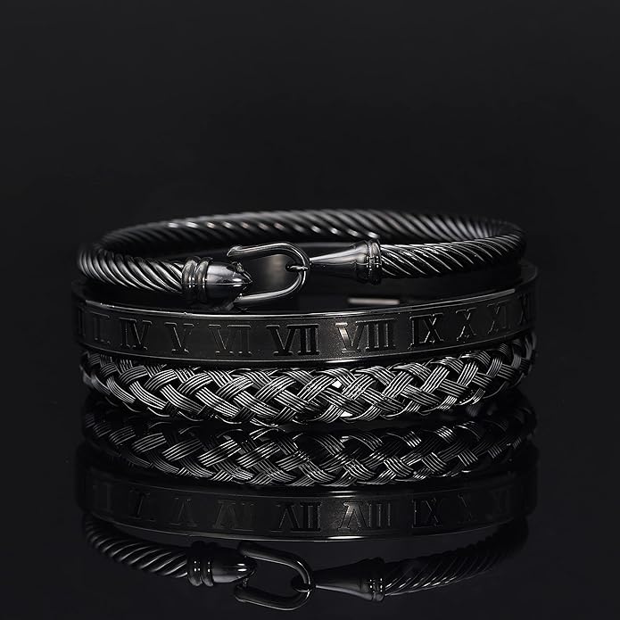 WFYOU 3PCS Stainless Steel Bracelets for Men Gold Roman Numeral Bangle Bracelet Twisted Cable Bracelet Adjustable Cuff Bracelet Mens Luxury Jewelry Bracelets Gifts