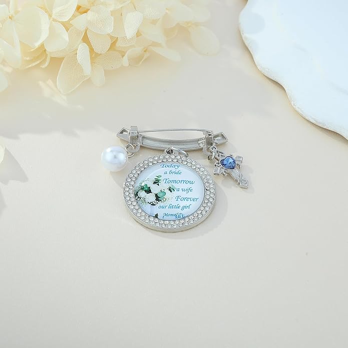 Wedding Bridal Pin, Something Blue Silver Crystal Brooch with Blue Heart Charm, Pearl Accent and Sentimental Message for Mother of Bride Gift