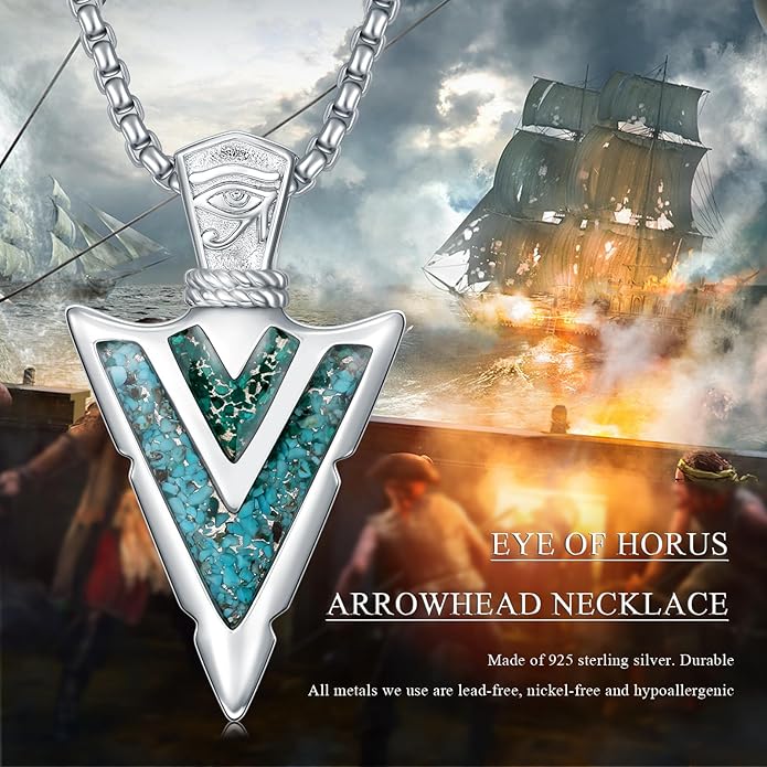 Suiknsn Arrowhead Necklace for Men Women 925 Sterling Silver Turquoise Malachite Celtic/Eye of Horus/Viking Arrow Pendant Amulet Jewelry Gifts Native American Necklace