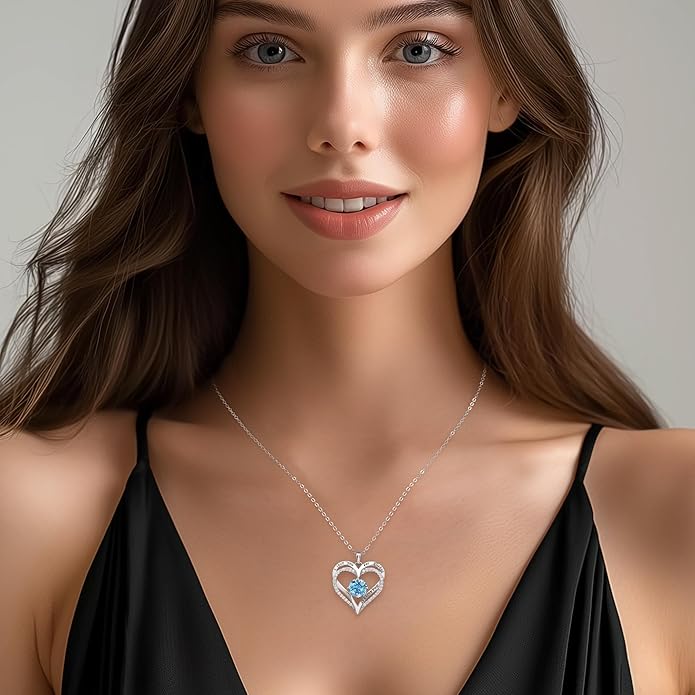 LOUISA SECRET Love Heart Birthstone Necklaces for Women, Birthday Gift for Girlfriend, Anniversary Jewelry Gift for Wife Her, 925 Sterling Silver Women Pendant Necklace, Mother's Day Christams Gift