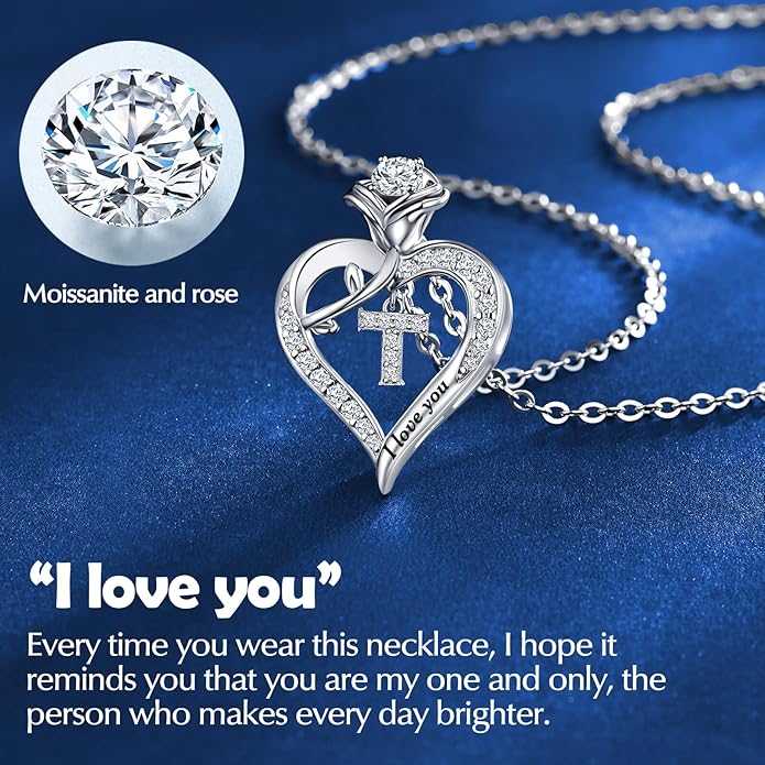 DWWGE Rose Heart Pendant Necklace Gifts for Wife, Engraved 'I love you' Gift for Wife Girlfriend, Anniversary Birthday Eternity Jewelry Present for Women, Moissanite Necklace Gift for Her