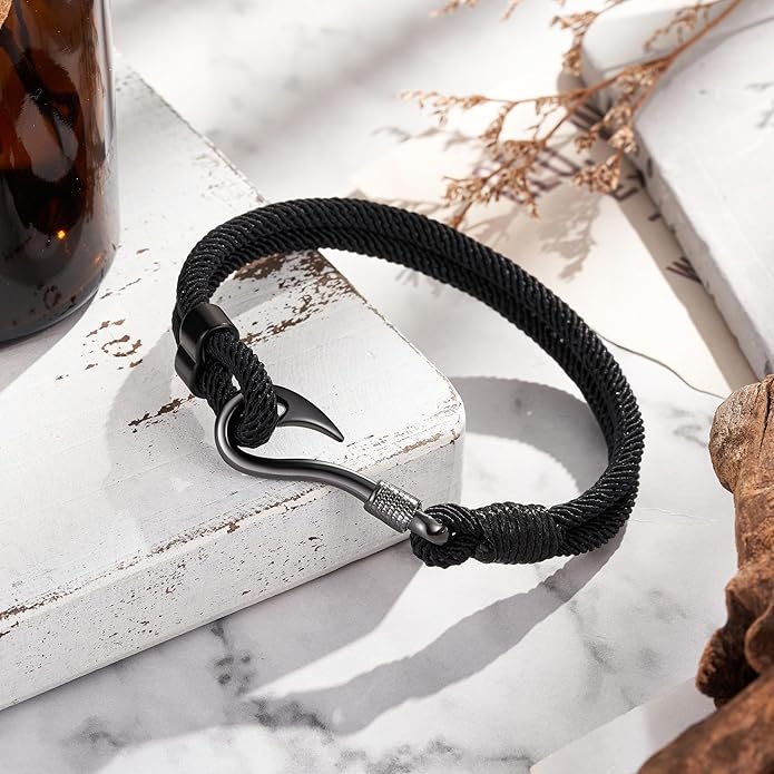 Black Bracelet for Men Husband Dad Fishing Gifts for Men Who Loves Fishing Just Hook It with Message Card